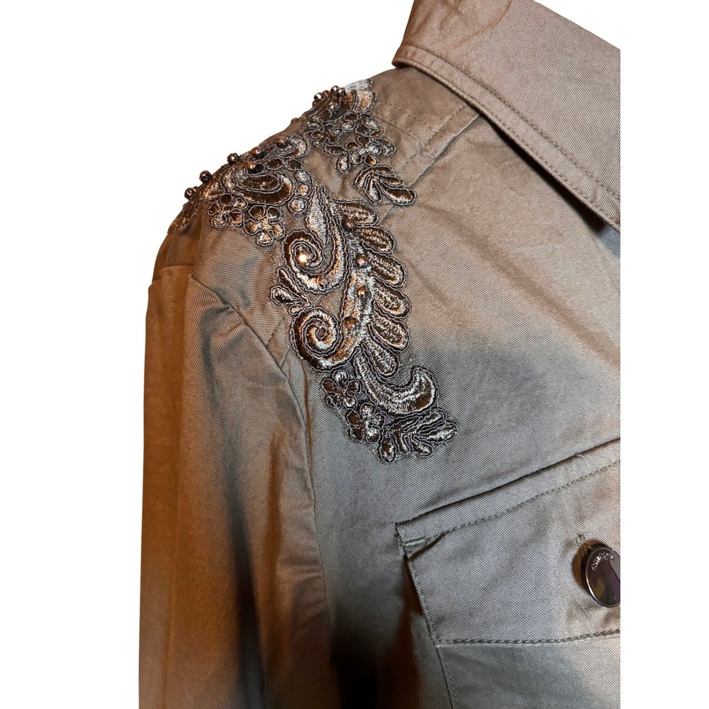 Chico's Utility Jacket Womens 2P Olive Green Excellent Beaded Floral Embroidery - Picture 6 of 9